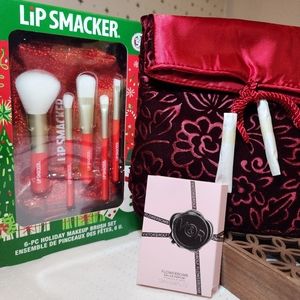 Guerlain Velvet & Satin Burgundy Cosmetic Bag with Lip Smacker Brush Set